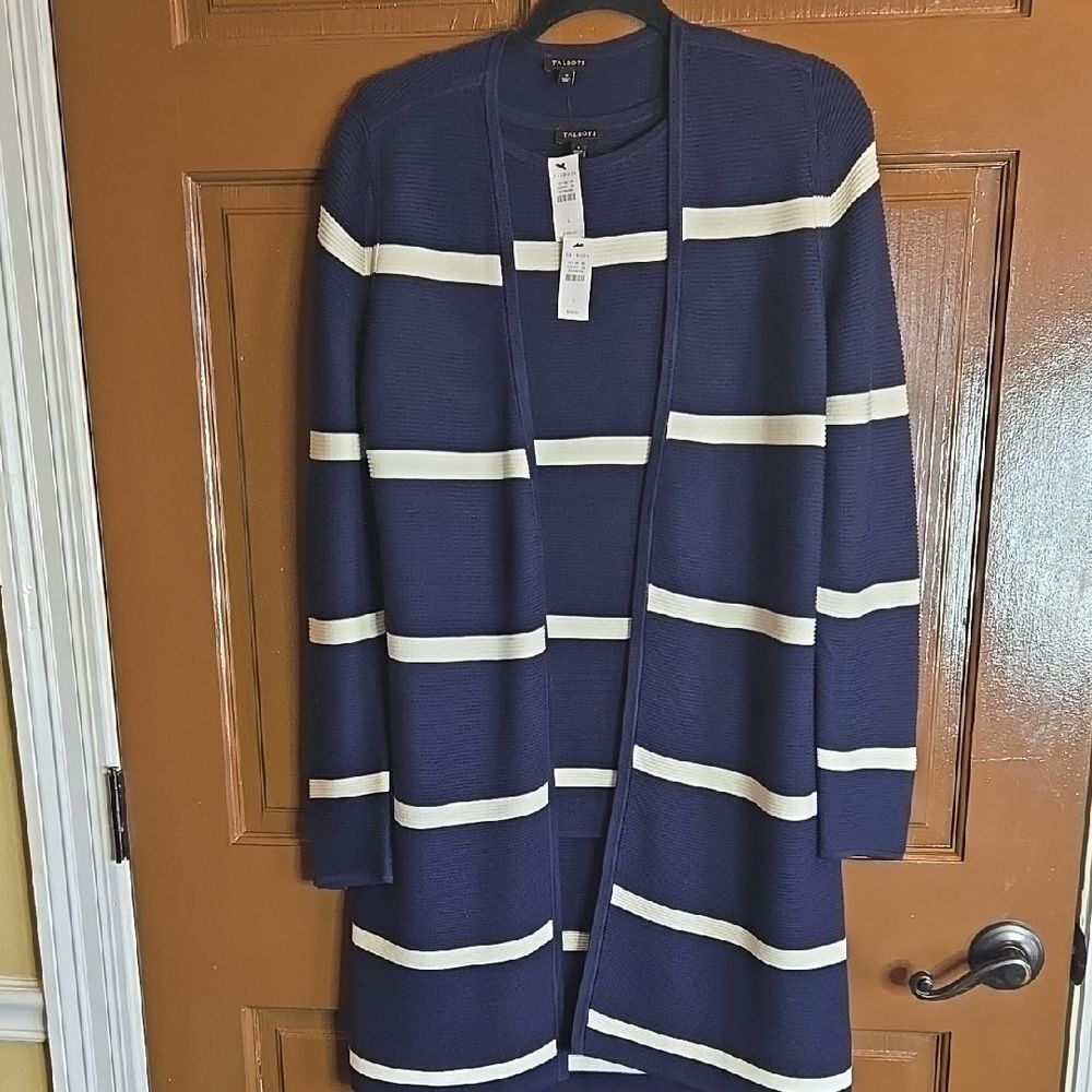 Talbots-2 pc. Navy Iv Striped Open Sweater With Matching Tank Sz S NWT.